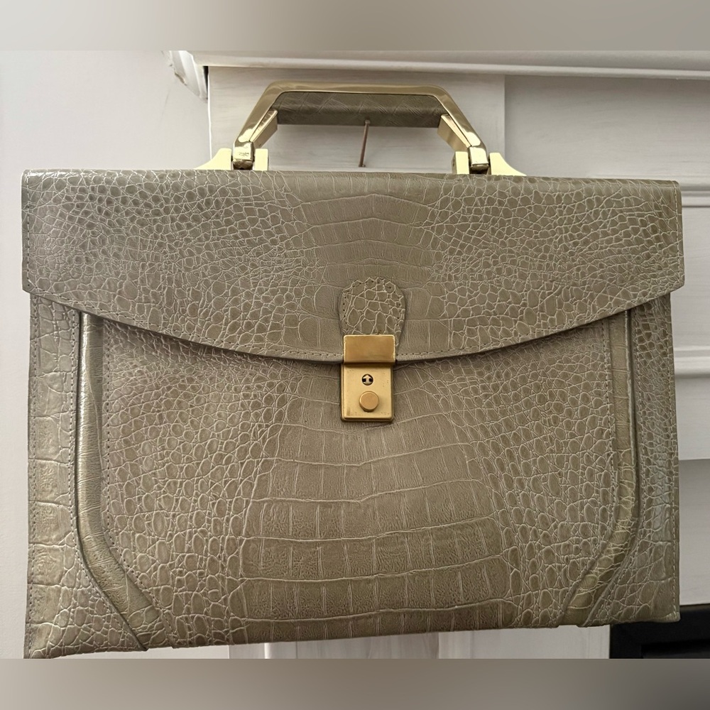 Greenish Gray  Crocodile-Embossed Briefcase with Gold Accents
